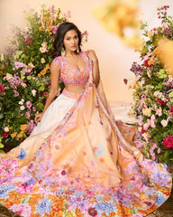 Ochre Yellow Crystal Printed Embroidered Lehenga Set