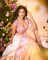 Ochre Yellow Crystal Printed Embroidered Lehenga Set