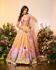 Ochre Yellow Printed Embellished Lehenga Set
