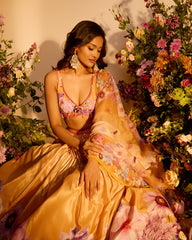Ochre Yellow Printed Embellished Lehenga Set