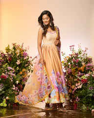 Ochre Yellow Printed Embellished Anarkali Set