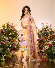 Ochre Yellow Printed Embellished Kurta Set