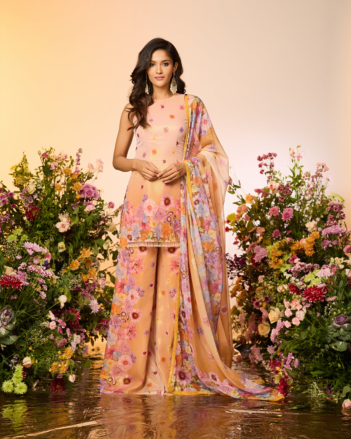 Ochre Yellow Printed Embellished Sharara Set