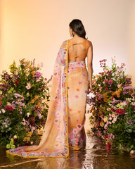 Ochre Yellow Printed Embellished Predrape Saree Set