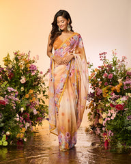 Ochre Yellow Printed Embellished Predrape Saree Set