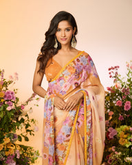 Ochre Yellow Printed Embellished Predrape Saree Set