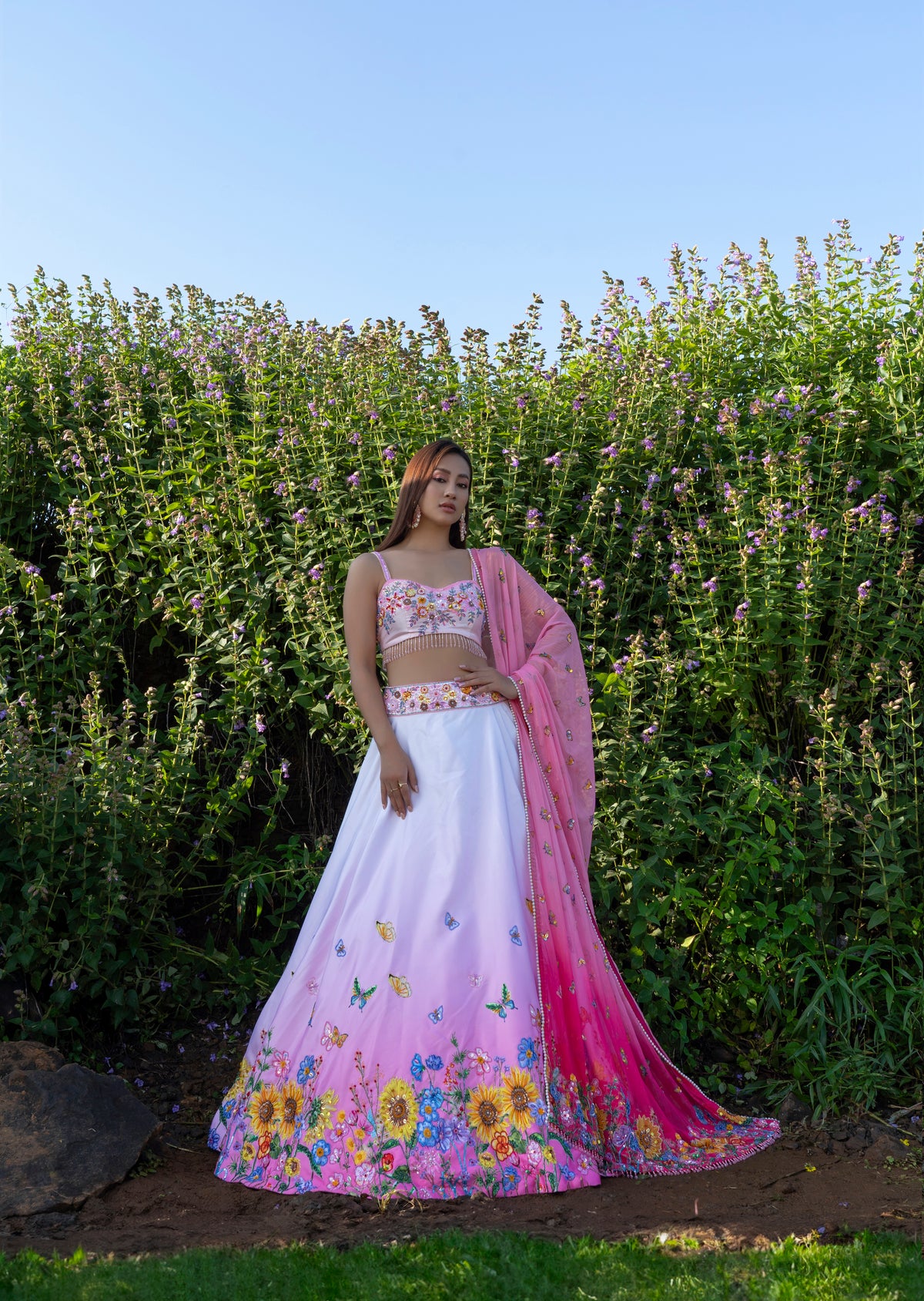 Pink White Floral Embroidered Lehenga Set